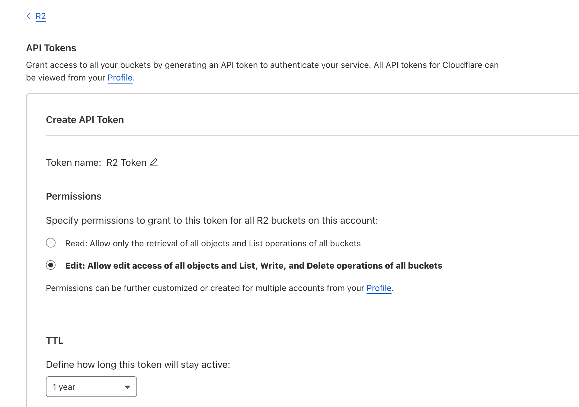 Cloudflare R2 API token permissions