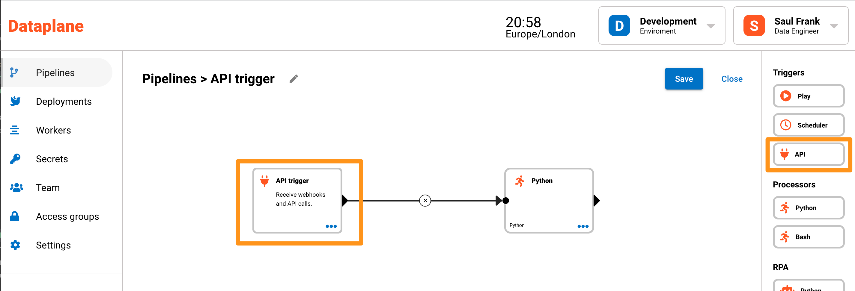 Drag and drop API trigger for data pipeline